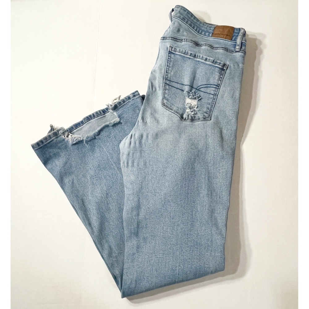 American Eagle Jeans Women's 16 Blue Super Hi-Rise Flare Distressed Light Wash